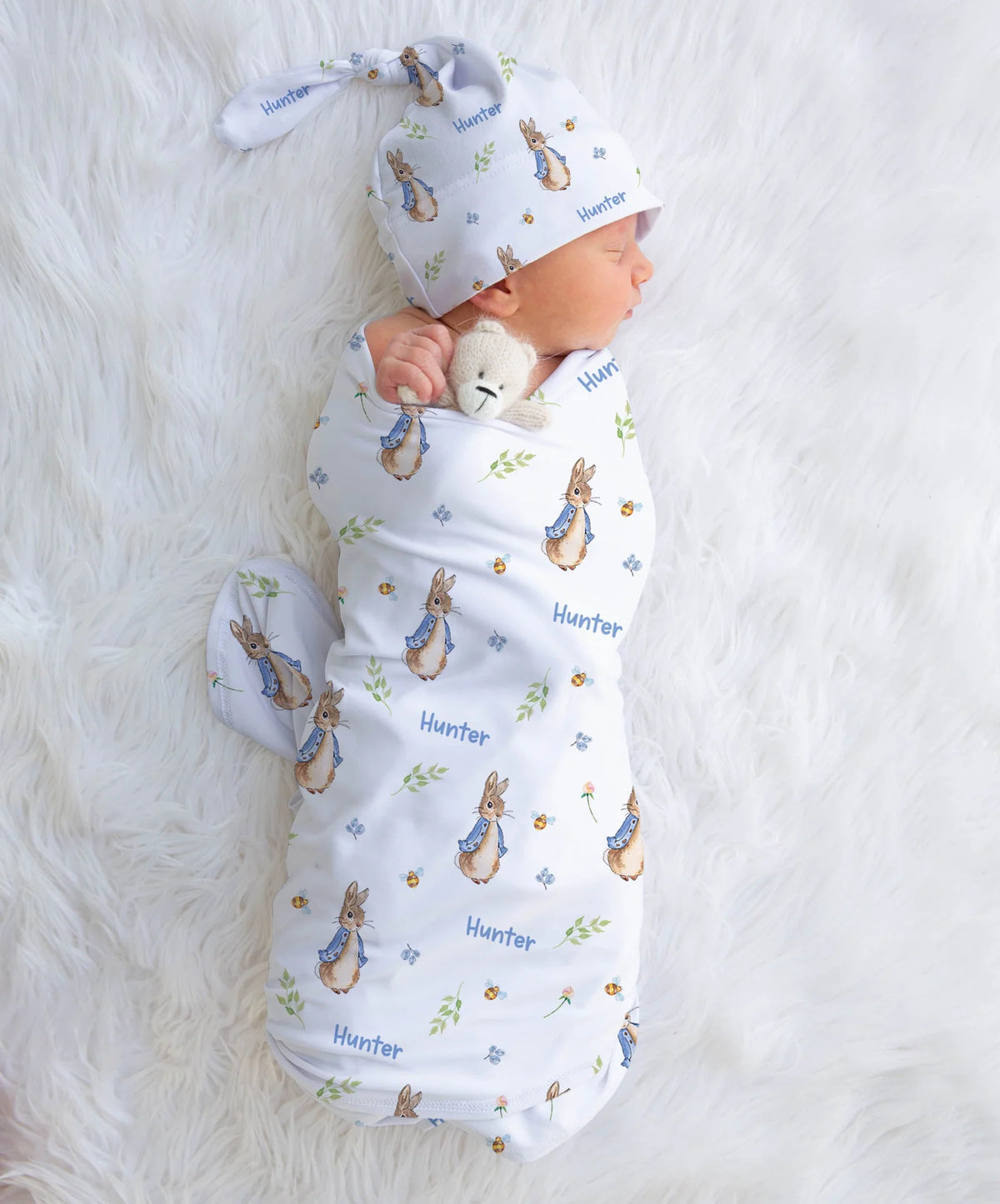 Personalized Baby Swaddle and Beanie Set in Soft Stretch Poly for a Thoughtful Newborn Keepsake