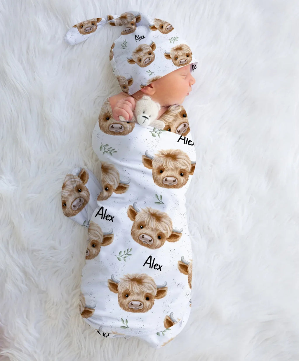 Personalized Baby Swaddle and Beanie Set in Soft Stretch Poly for a Thoughtful Newborn Keepsake
