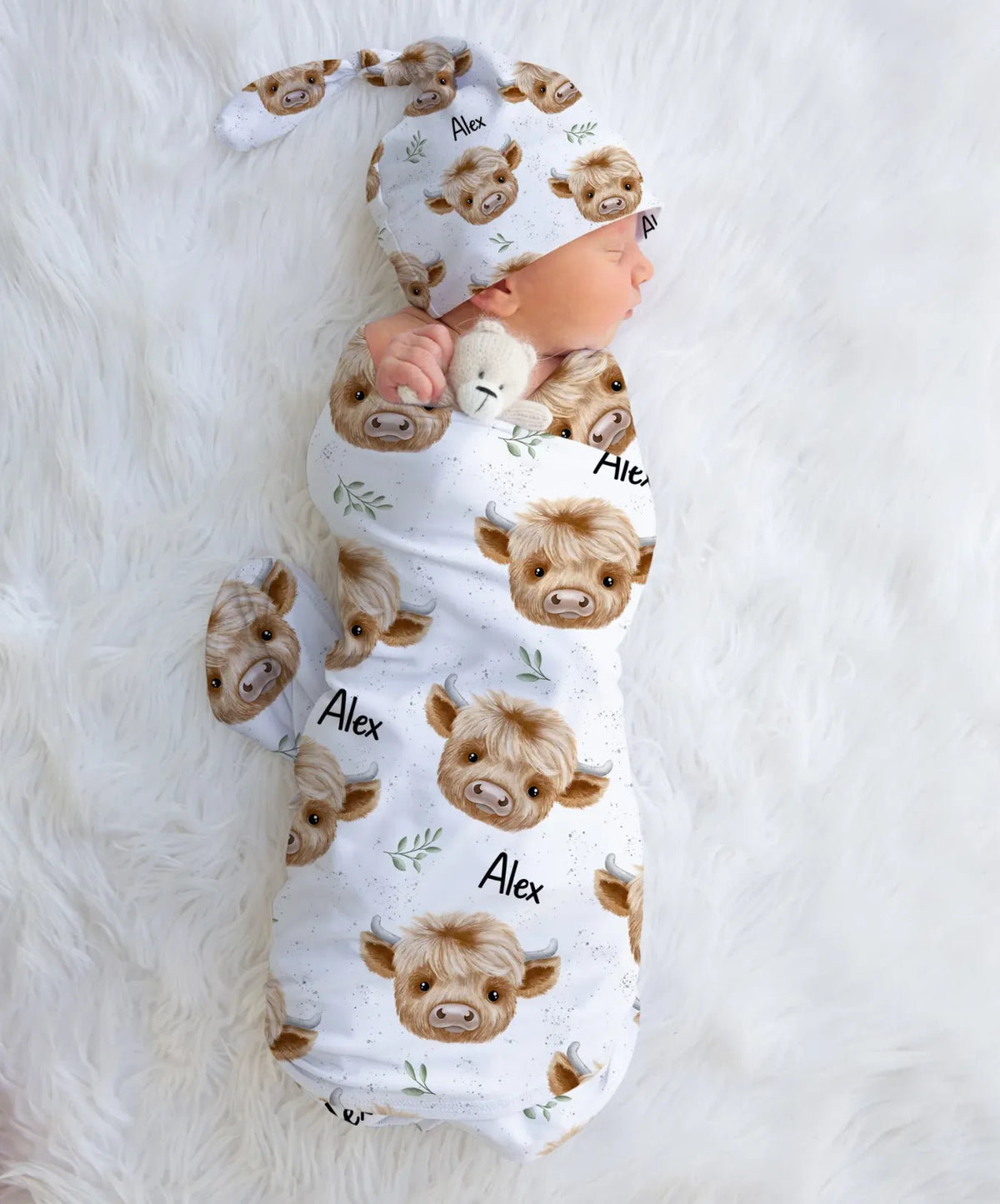 Personalized Baby Swaddle and Beanie Set in Soft Stretch Poly for a Thoughtful Newborn Keepsake