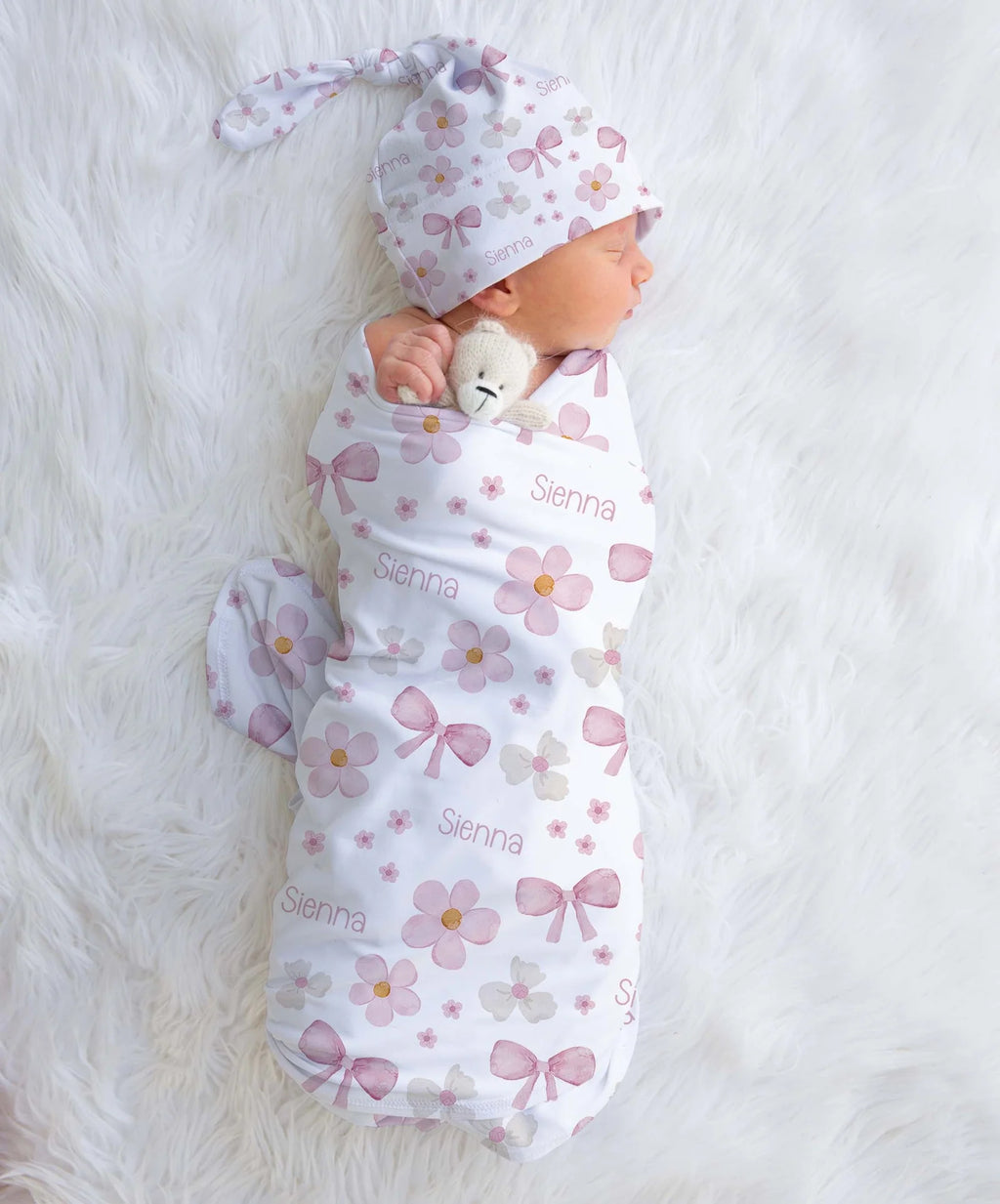 Personalized Baby Swaddle and Beanie Set in Soft Stretch Poly for a Thoughtful Newborn Keepsake