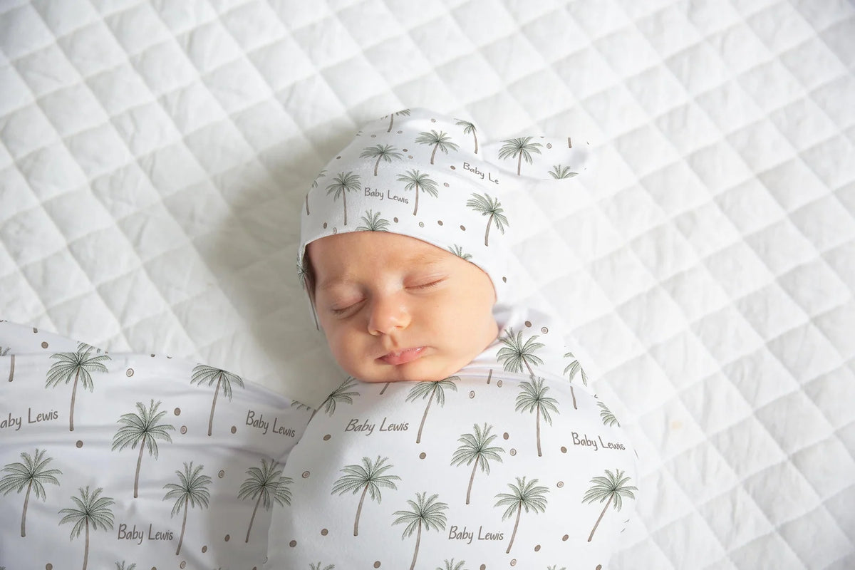 Personalized Baby Swaddle and Beanie Set in Soft Stretch Poly for a Thoughtful Newborn Keepsake