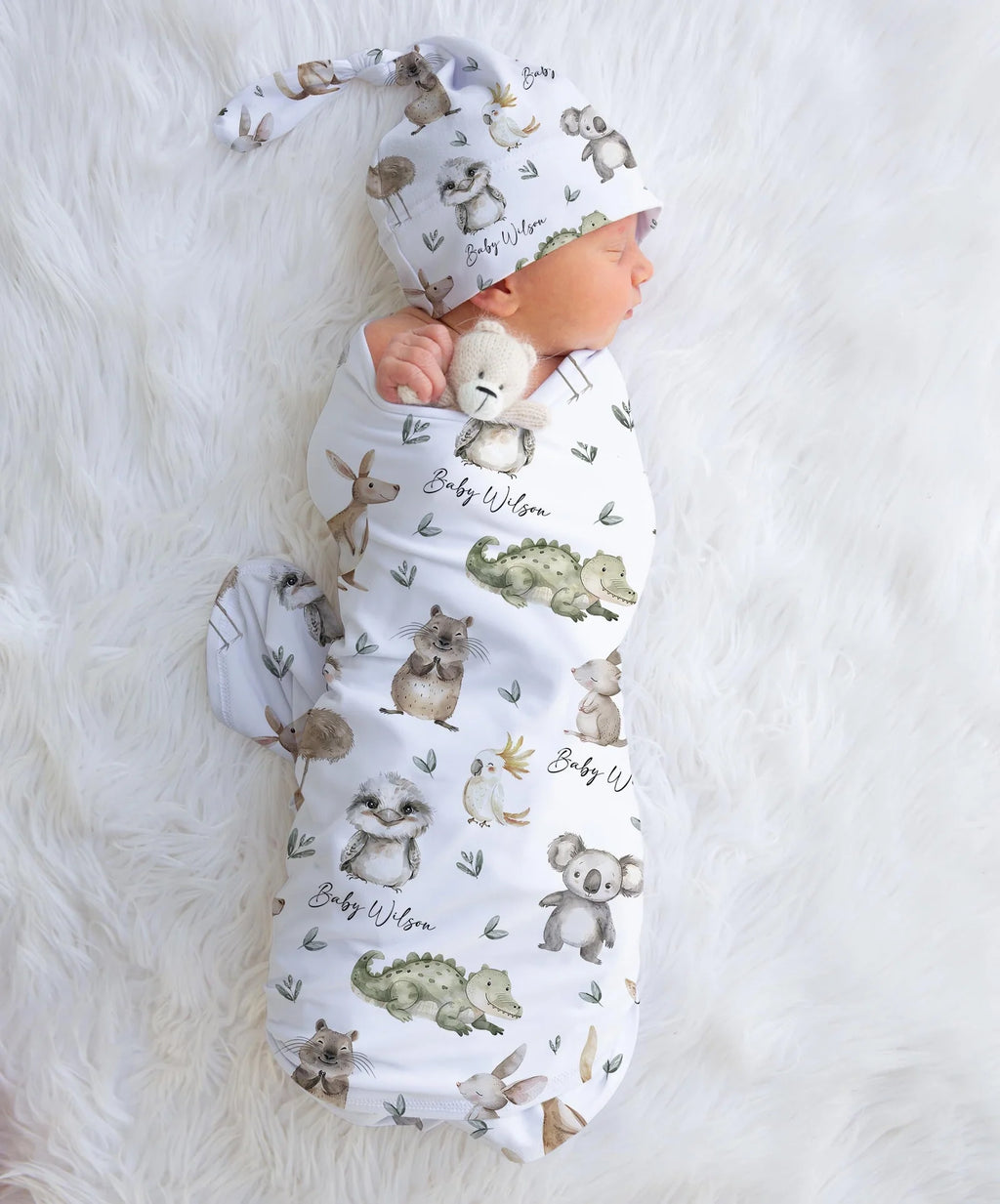 Personalized Baby Swaddle and Beanie Set in Soft Stretch Poly for a Thoughtful Newborn Keepsake