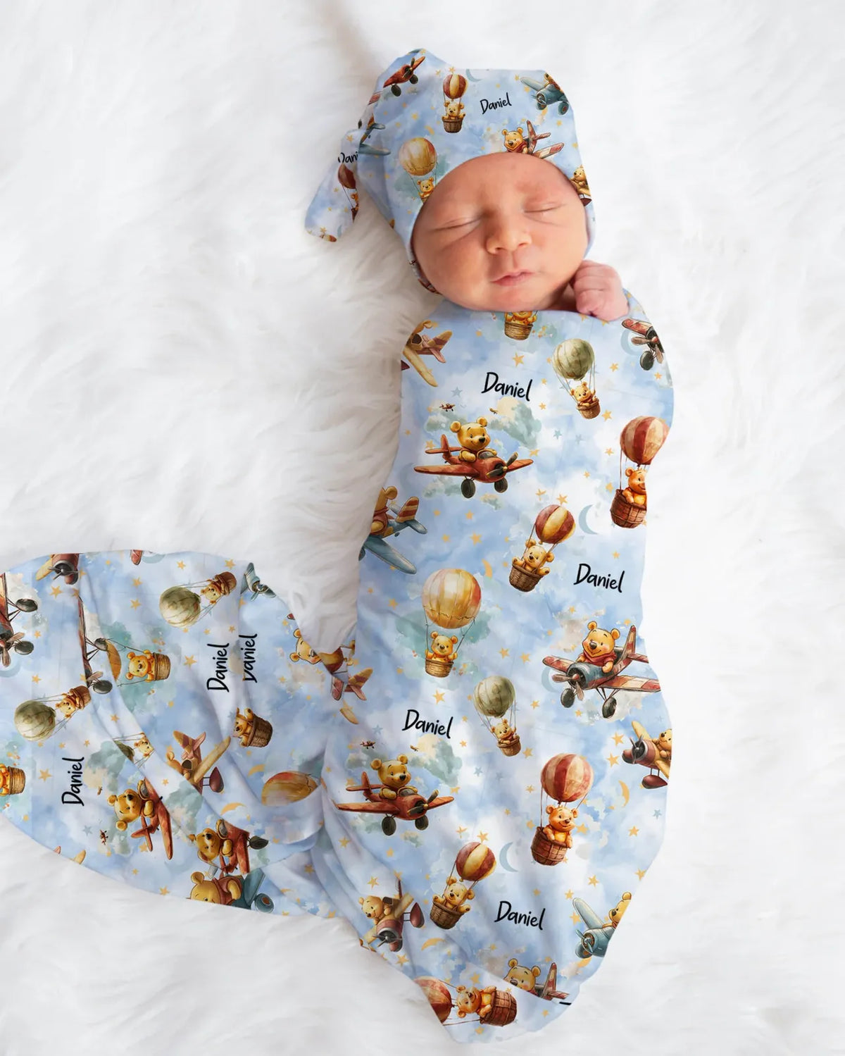 Personalized Baby Swaddle and Beanie Set in Soft Stretch Poly for a Thoughtful Newborn Keepsake
