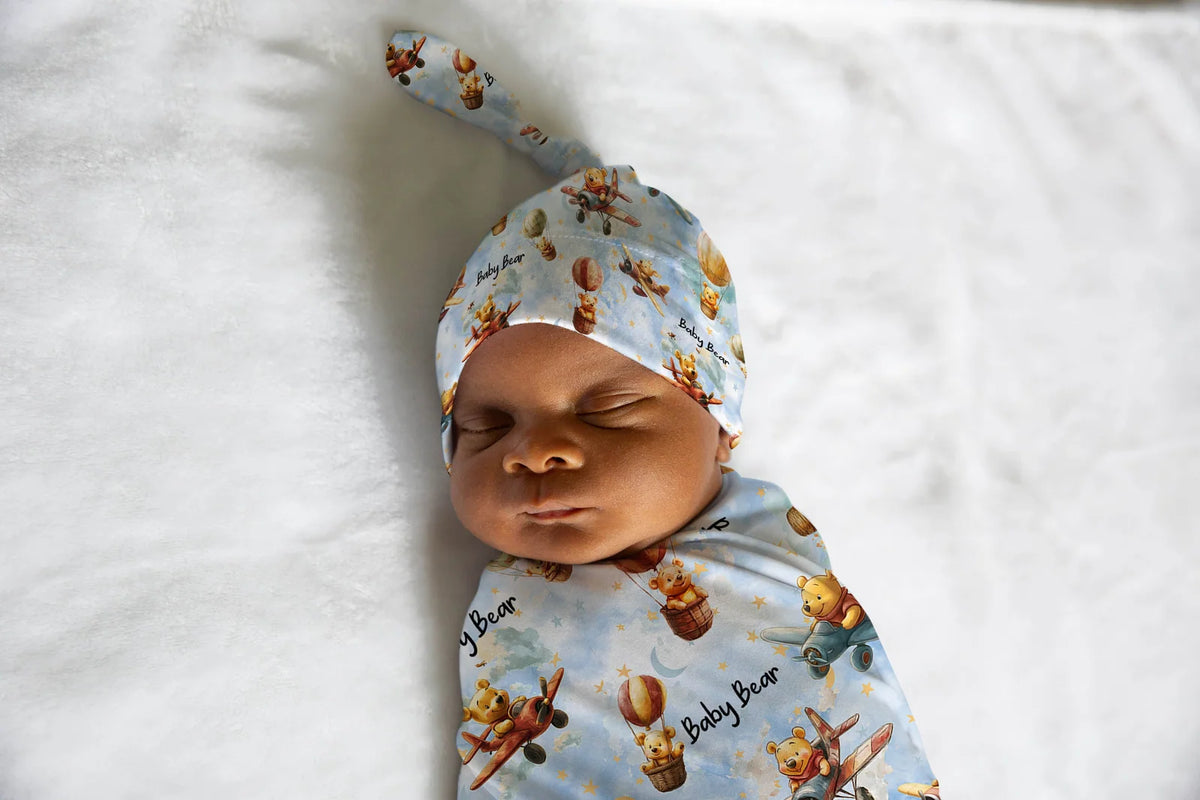 Personalized Baby Swaddle and Beanie Set in Soft Stretch Poly for a Thoughtful Newborn Keepsake