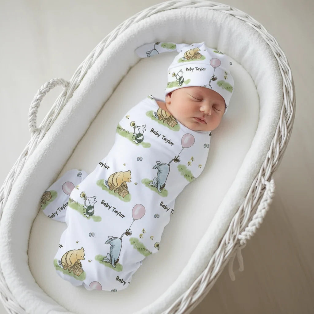 Personalized Baby Swaddle and Beanie Set in Soft Stretch Poly for a Thoughtful Newborn Keepsake