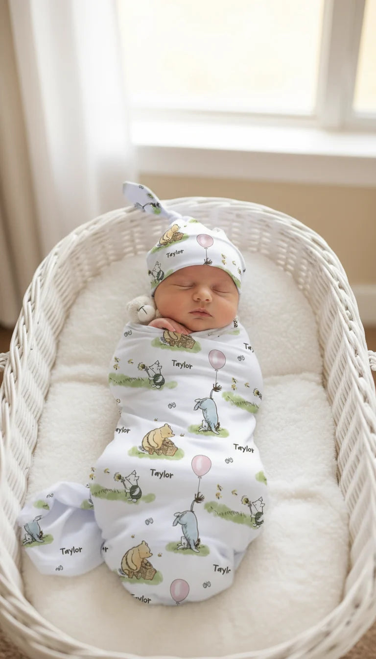 Personalized Baby Swaddle and Beanie Set in Soft Stretch Poly for a Thoughtful Newborn Keepsake