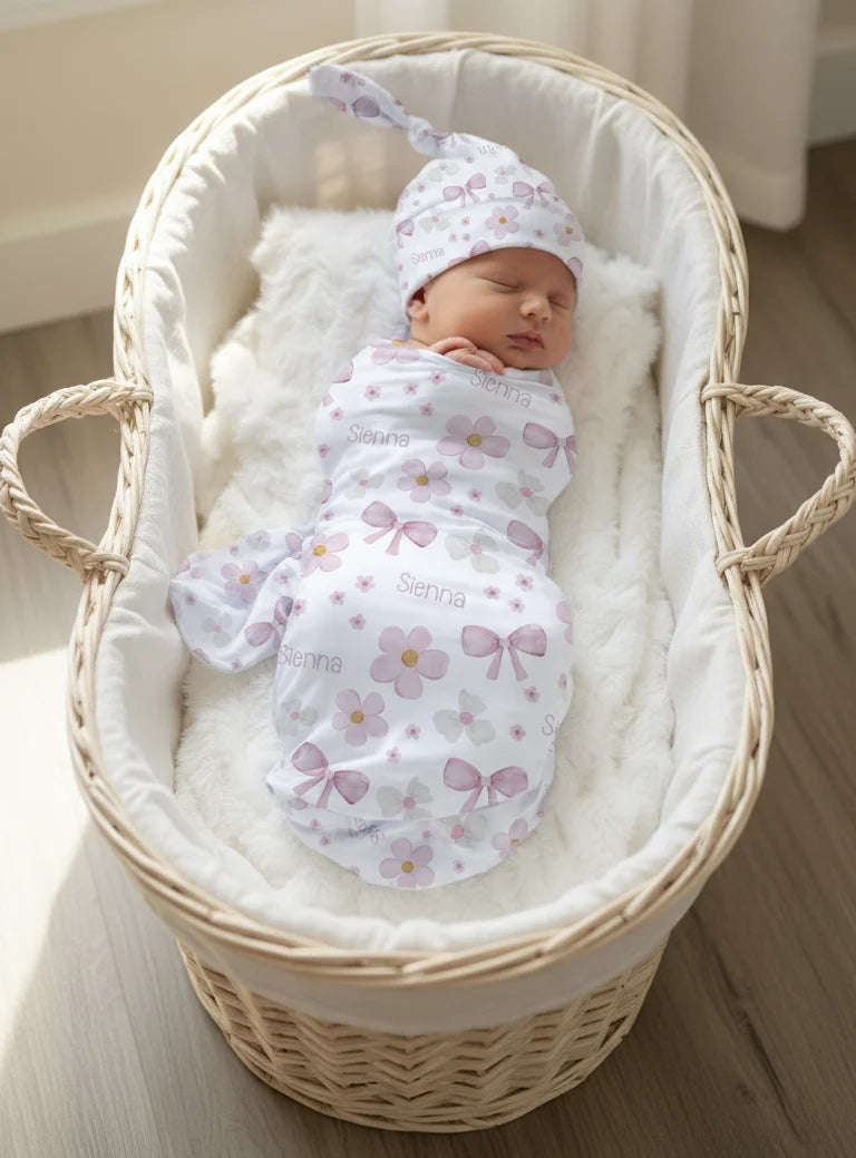 Personalized Baby Swaddle and Beanie Set in Soft Stretch Poly for a Thoughtful Newborn Keepsake