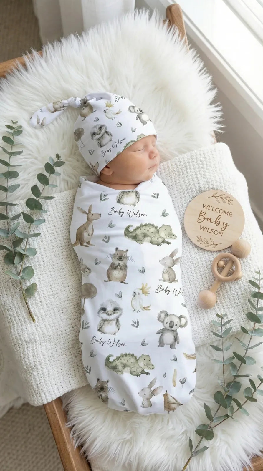 Personalized Baby Swaddle and Beanie Set in Soft Stretch Poly for a Thoughtful Newborn Keepsake