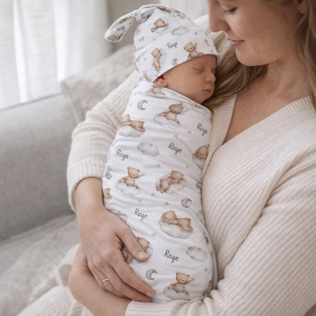 Personalized Baby Swaddle and Beanie Set in Soft Stretch Poly for a Thoughtful Newborn Keepsake