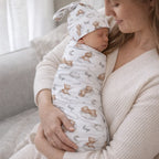 Personalized Baby Swaddle and Beanie Set in Soft Stretch Poly for a Thoughtful Newborn Keepsake