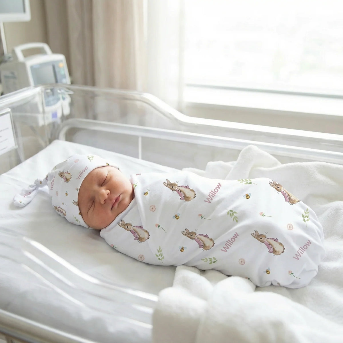 Personalized Baby Swaddle and Beanie Set in Soft Stretch Poly for a Thoughtful Newborn Keepsake