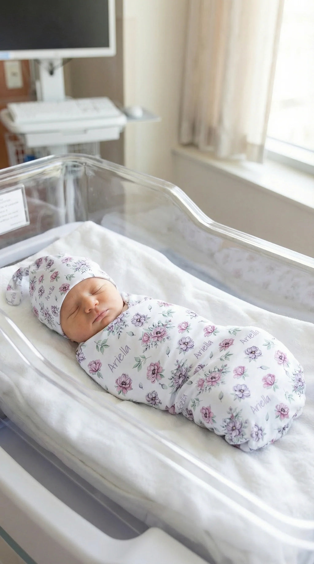 Personalized Baby Swaddle and Beanie Set in Soft Stretch Poly for a Thoughtful Newborn Keepsake