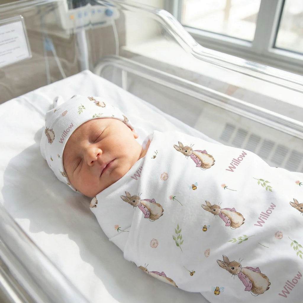 Personalized Baby Swaddle and Beanie Set in Soft Stretch Poly for a Thoughtful Newborn Keepsake