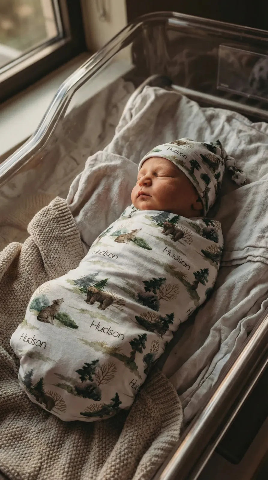 Personalized Baby Swaddle and Beanie Set in Soft Stretch Poly for a Thoughtful Newborn Keepsake
