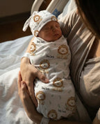 Personalized Baby Swaddle and Beanie Set in Soft Stretch Poly for a Thoughtful Newborn Keepsake