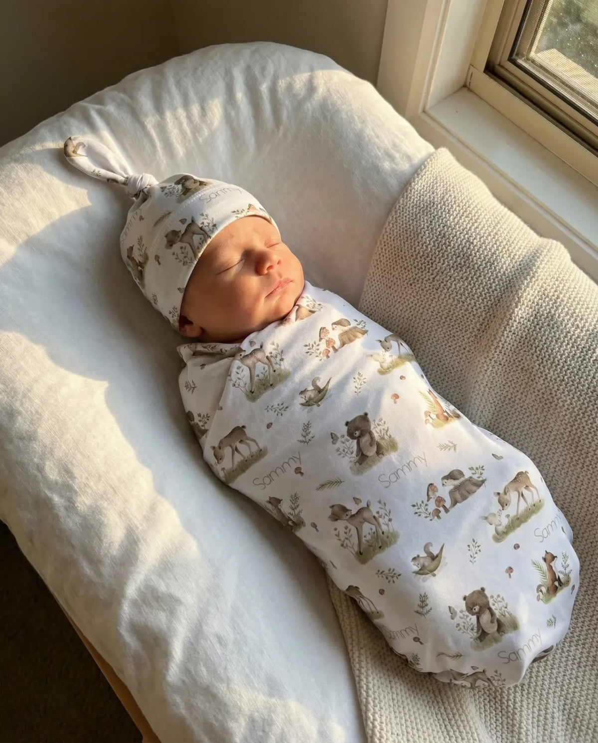 Personalized Baby Swaddle and Beanie Set in Soft Stretch Poly for a Thoughtful Newborn Keepsake
