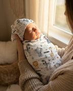 Personalized Baby Swaddle and Beanie Set in Soft Stretch Poly for a Thoughtful Newborn Keepsake