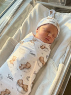 Personalized Baby Swaddle and Beanie Set in Soft Stretch Poly for a Thoughtful Newborn Keepsake