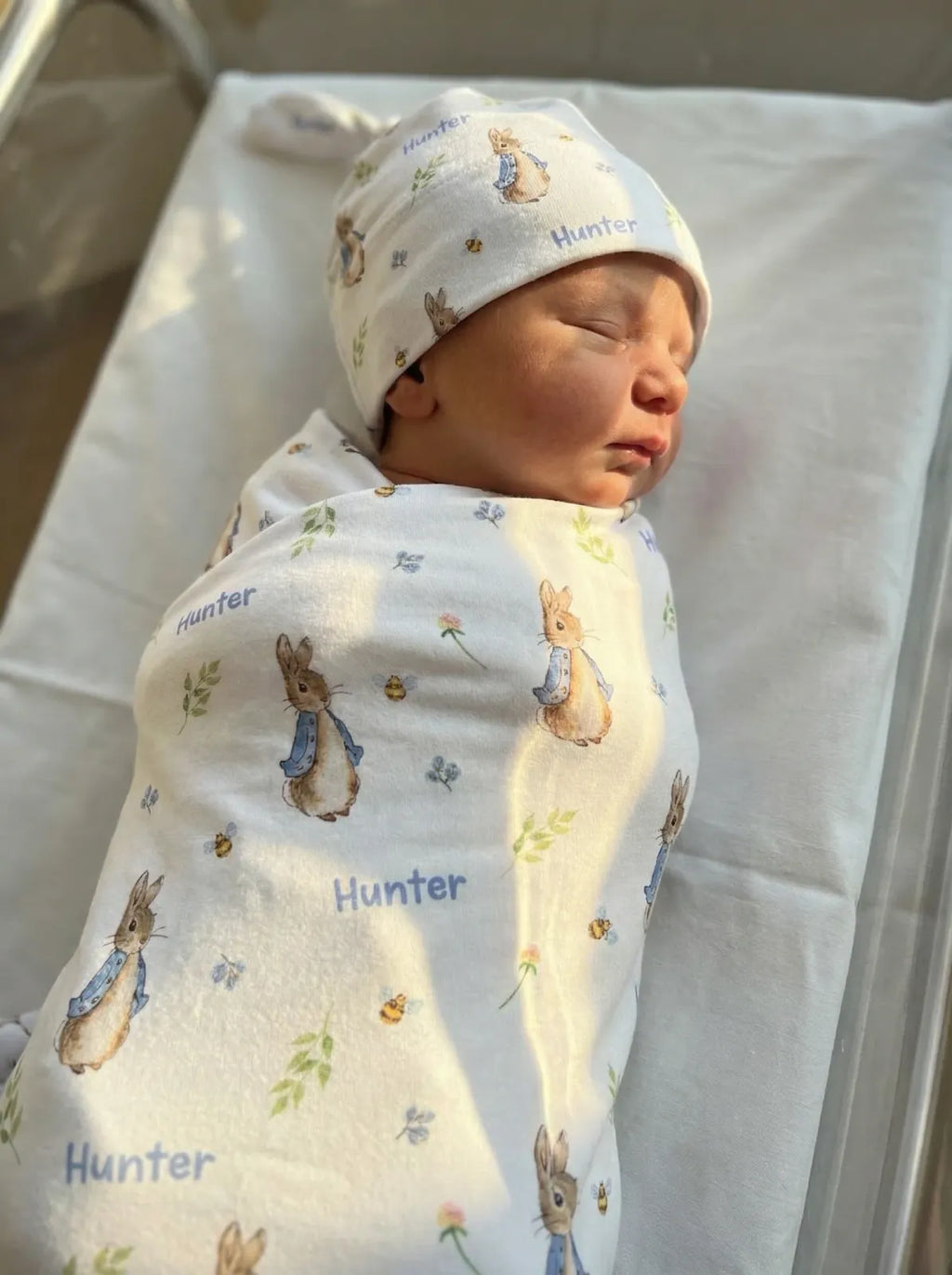 Personalized Baby Swaddle and Beanie Set in Soft Stretch Poly for a Thoughtful Newborn Keepsake