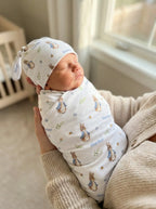 Personalized Baby Swaddle and Beanie Set in Soft Stretch Poly for a Thoughtful Newborn Keepsake