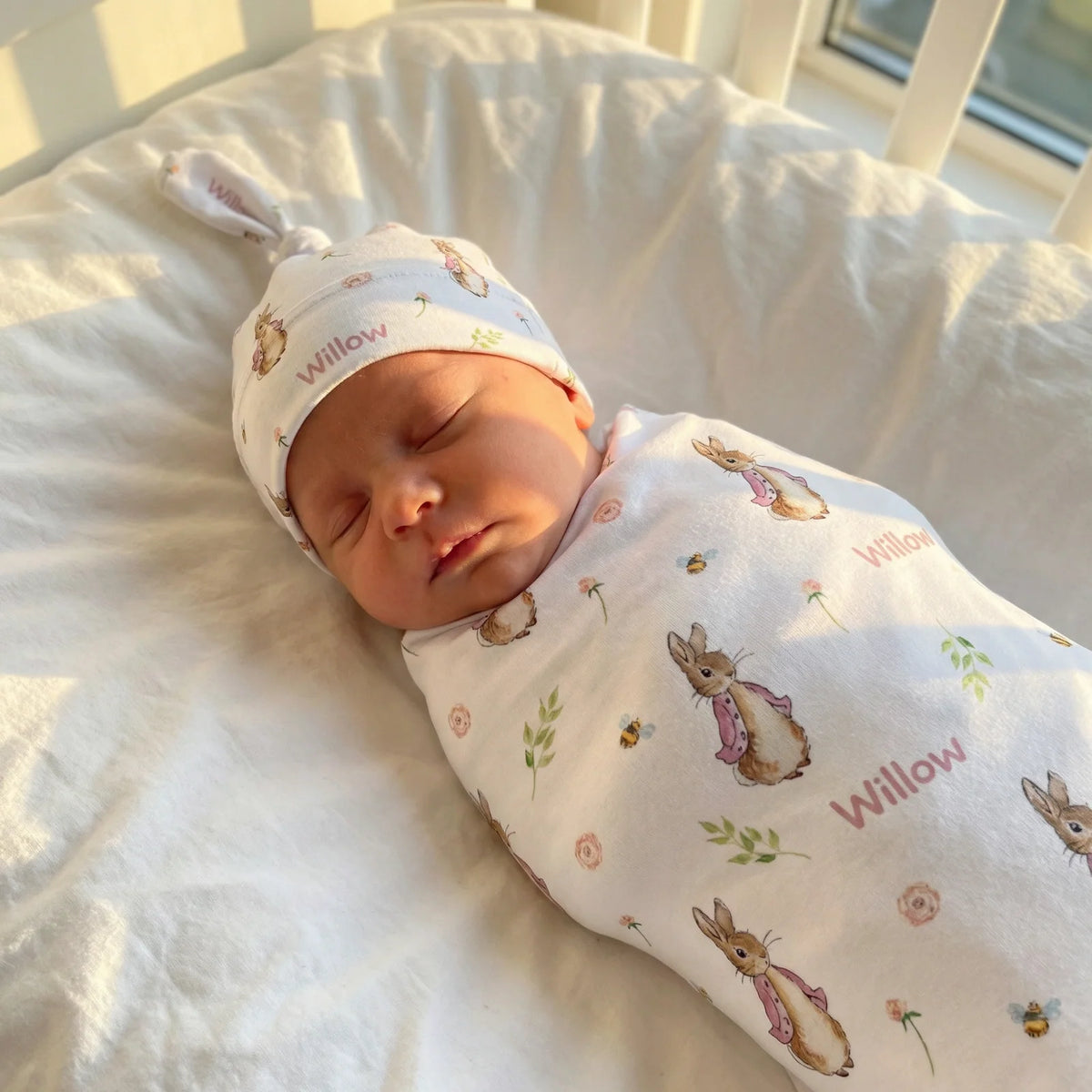 Personalized Baby Swaddle and Beanie Set in Soft Stretch Poly for a Thoughtful Newborn Keepsake