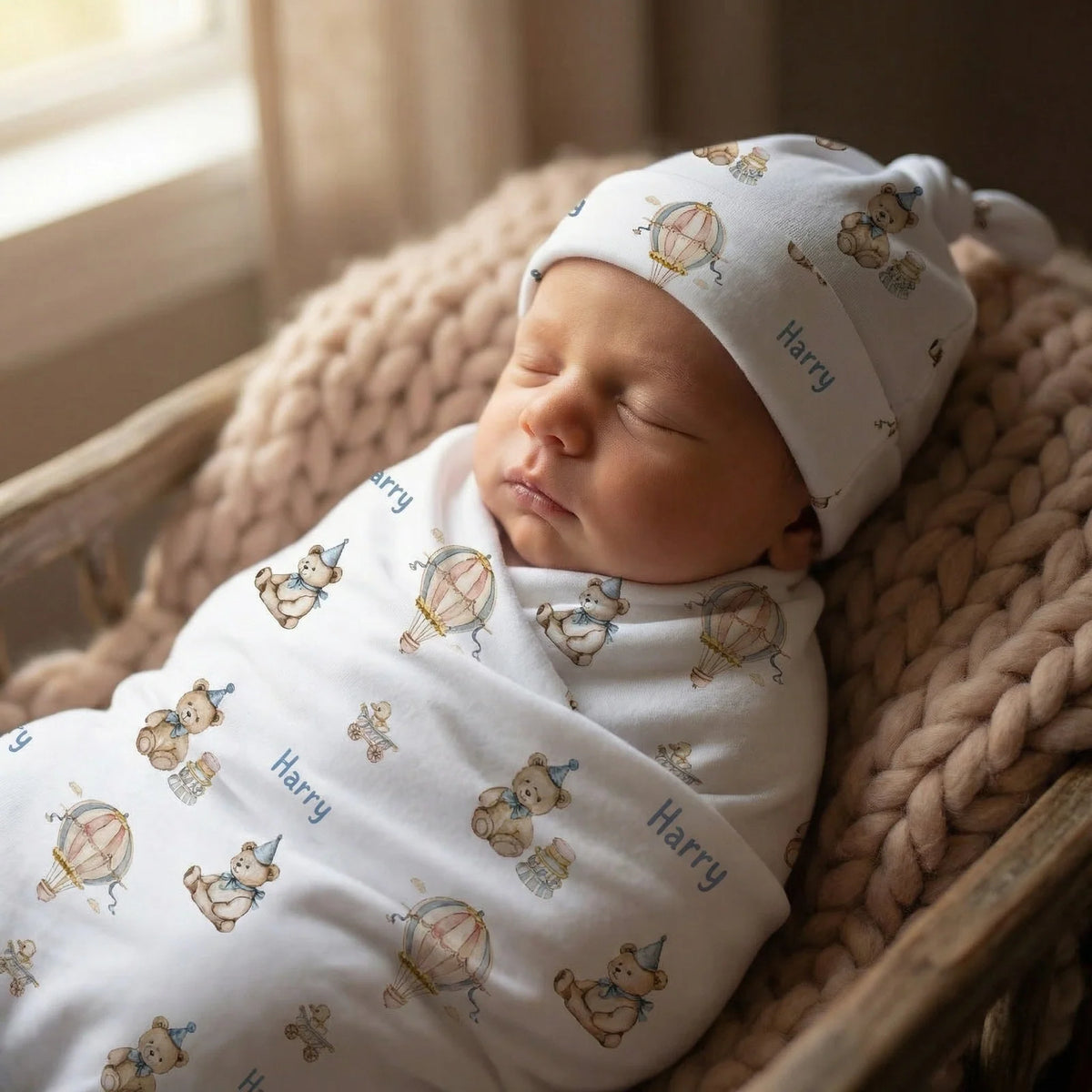 Personalized Baby Swaddle and Beanie Set in Soft Stretch Poly for a Thoughtful Newborn Keepsake