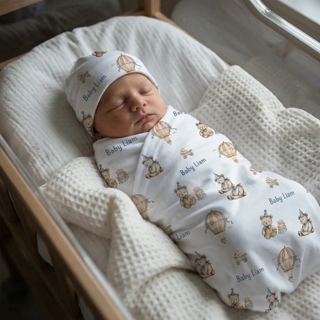 Personalized Baby Swaddle and Beanie Set in Soft Stretch Poly for a Thoughtful Newborn Keepsake