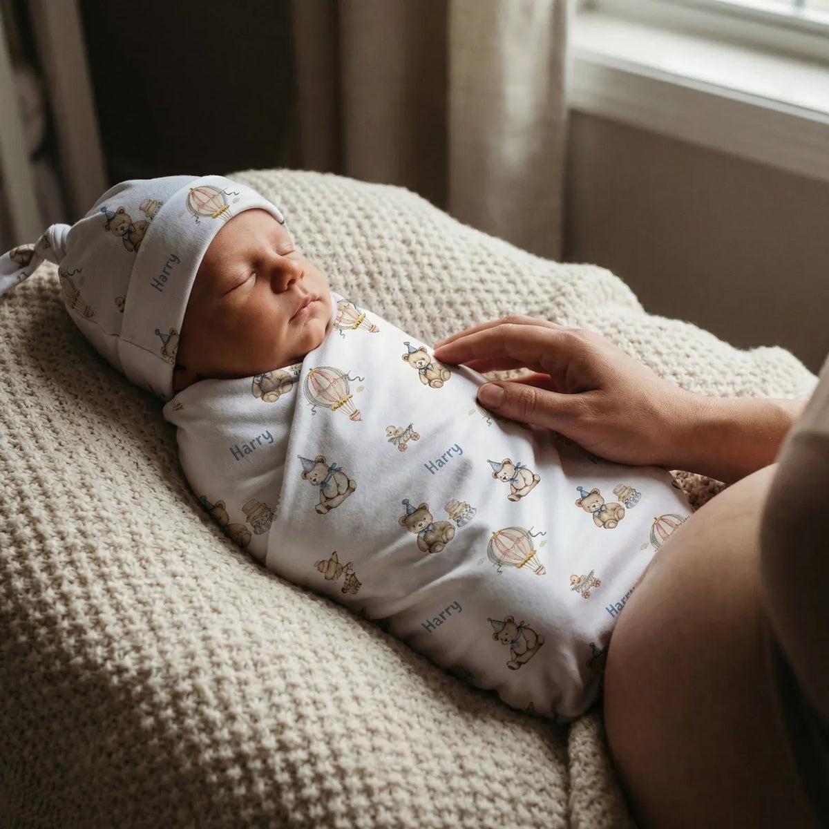 Personalized Baby Swaddle and Beanie Set in Soft Stretch Poly for a Thoughtful Newborn Keepsake