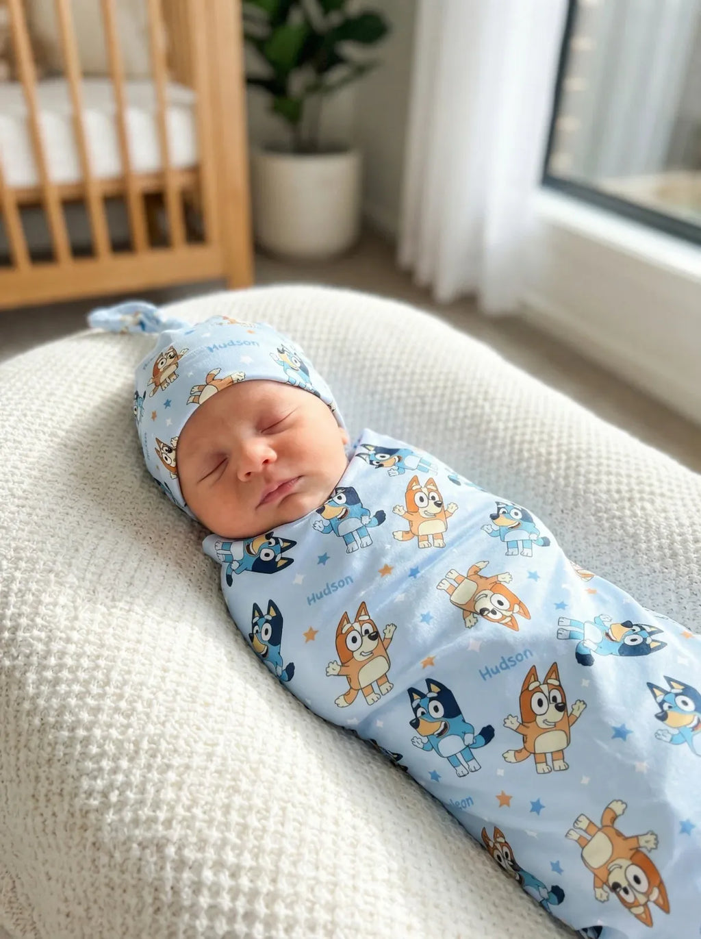 Personalized Baby Swaddle and Beanie Set in Soft Stretch Poly for a Thoughtful Newborn Keepsake