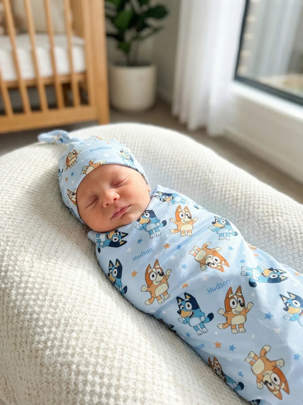 Personalized Baby Swaddle and Beanie Set in Soft Stretch Poly for a Thoughtful Newborn Keepsake
