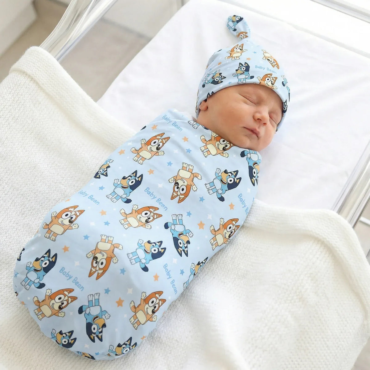 Personalized Baby Swaddle and Beanie Set in Soft Stretch Poly for a Thoughtful Newborn Keepsake