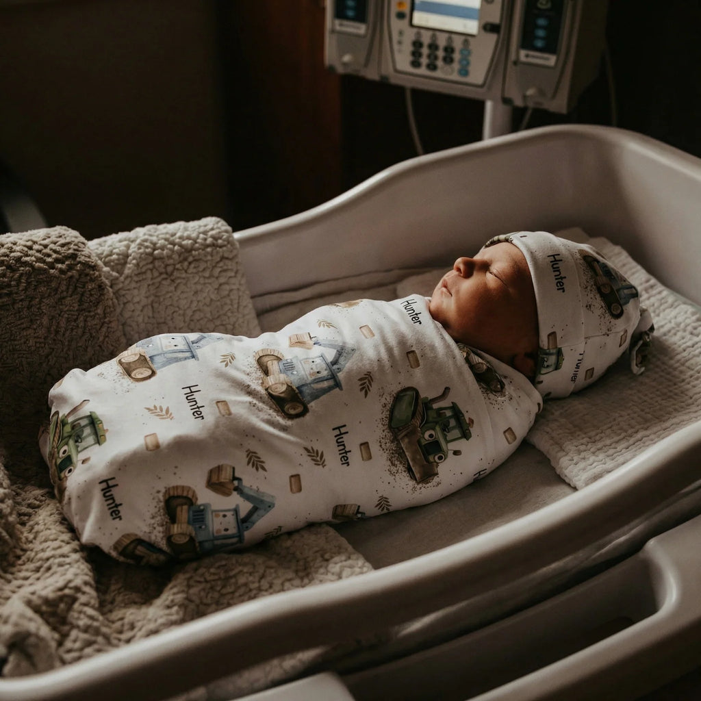 Personalized Baby Swaddle and Beanie Set in Soft Stretch Poly for a Thoughtful Newborn Keepsake