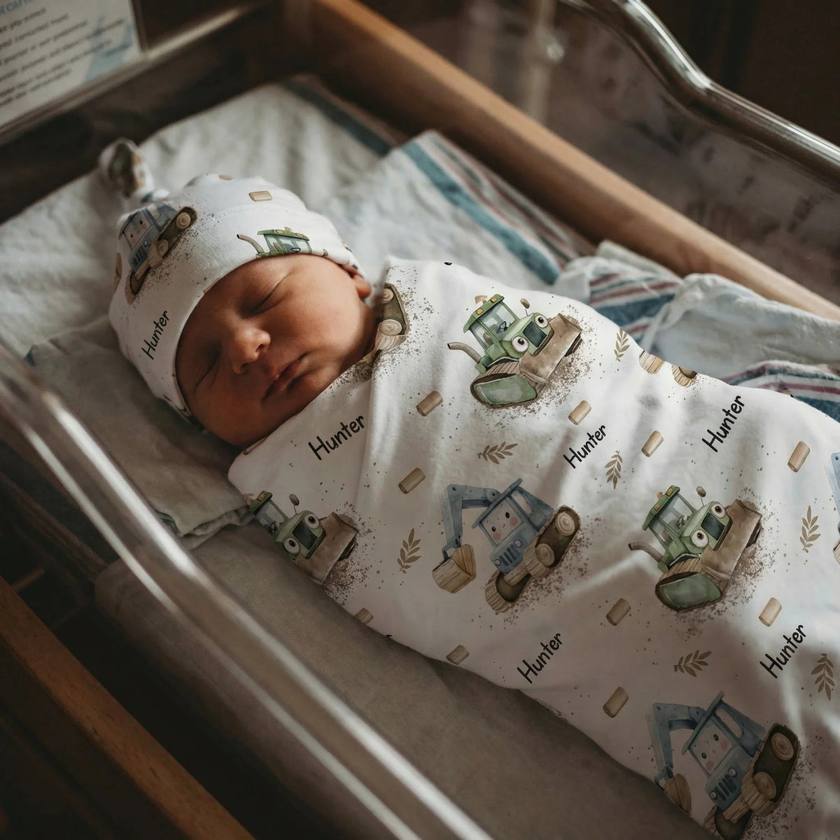 Personalized Baby Swaddle and Beanie Set in Soft Stretch Poly for a Thoughtful Newborn Keepsake