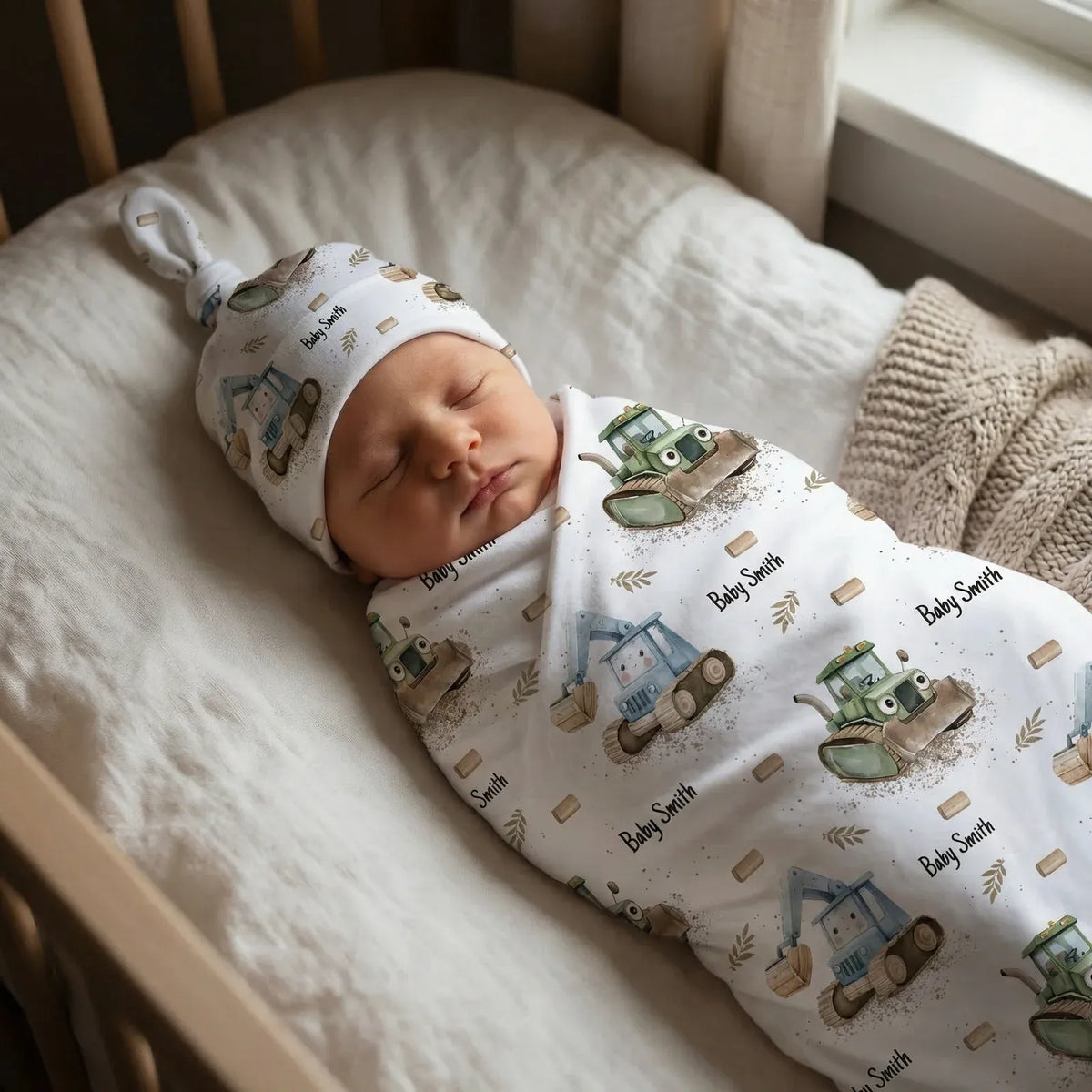 Personalized Baby Swaddle and Beanie Set in Soft Stretch Poly for a Thoughtful Newborn Keepsake