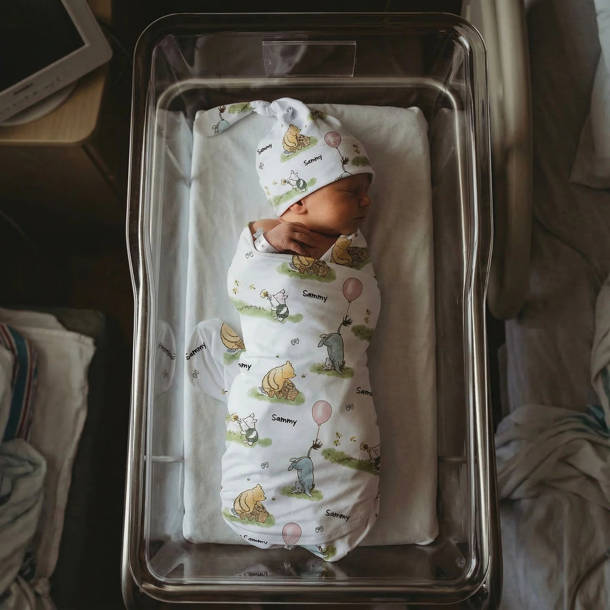 Personalized Baby Swaddle and Beanie Set in Soft Stretch Poly for a Thoughtful Newborn Keepsake