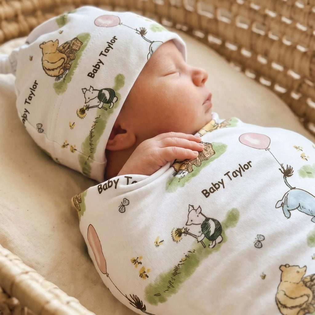 Personalized Baby Swaddle and Beanie Set in Soft Stretch Poly for a Thoughtful Newborn Keepsake — CLASSIC WINNIE THE POOH