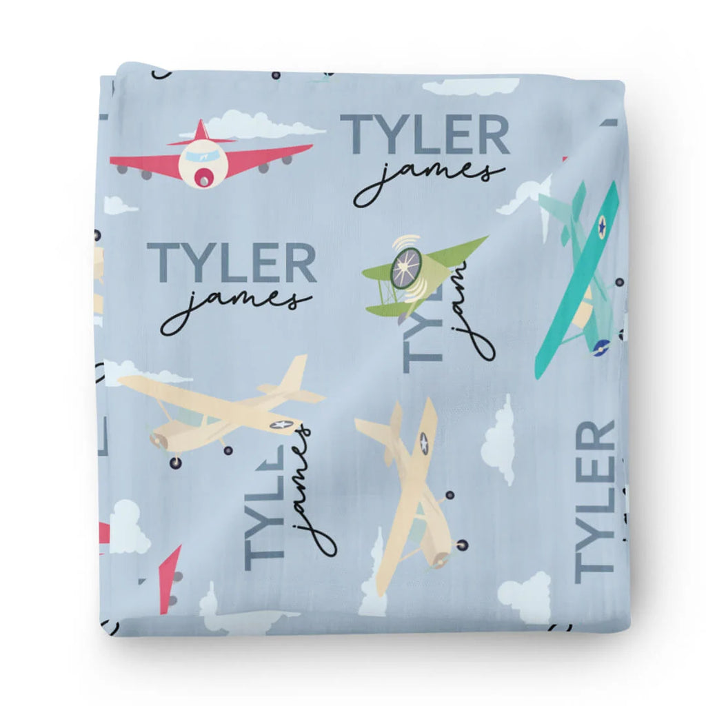 Personalized Baby Swaddle Blanket in Airplane Print