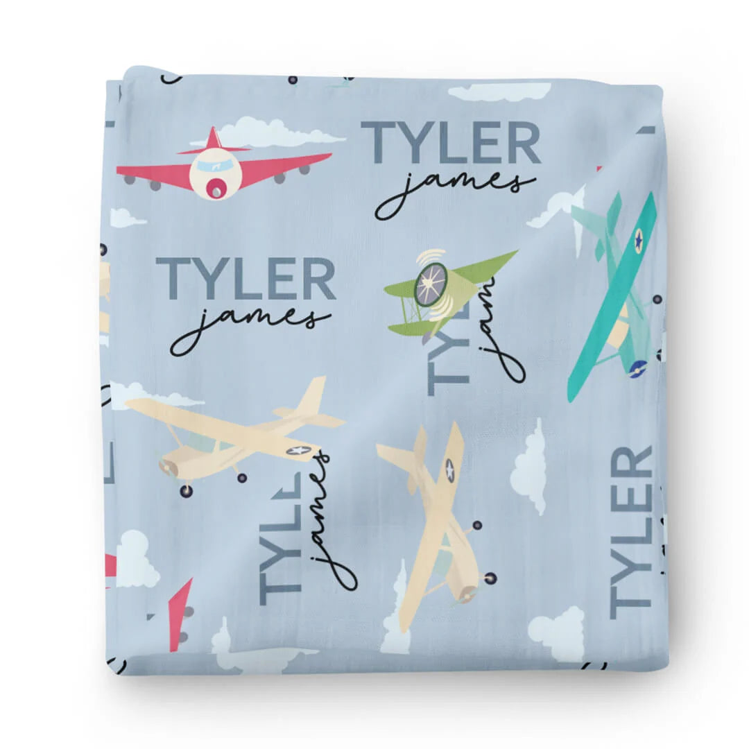 Personalized Baby Swaddle Blanket in Airplane Print