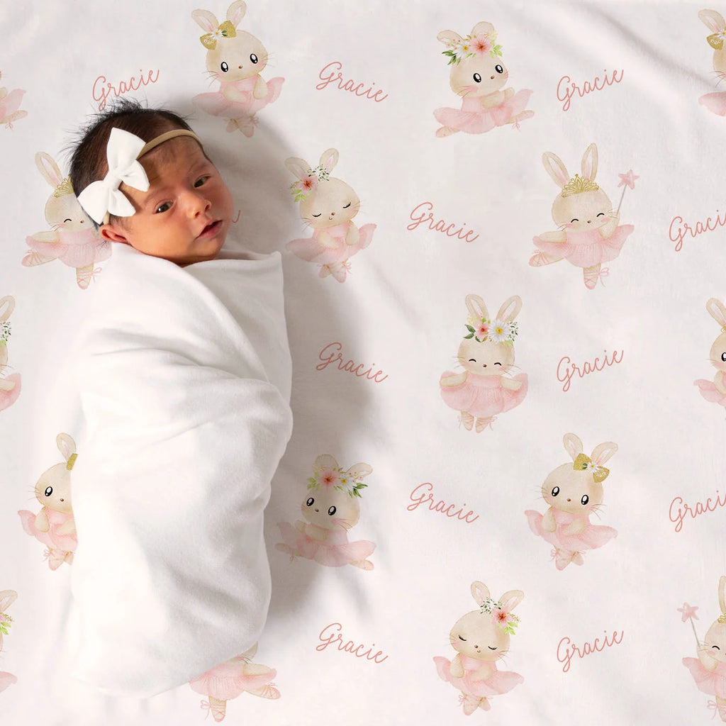 Personalized Ballerina Bunny Baby Blanket in Fleece or Minky, 30 x 40 or 50 x 60 Inch Sizes