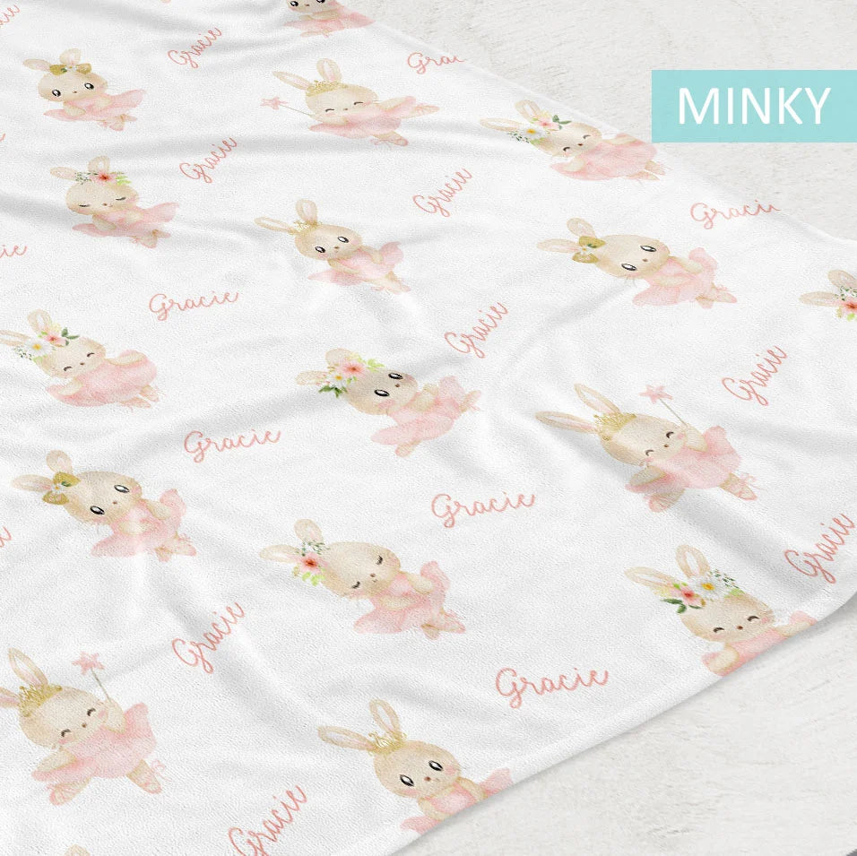 Personalized Ballerina Bunny Baby Blanket in Fleece or Minky, 30 x 40 or 50 x 60 Inch Sizes