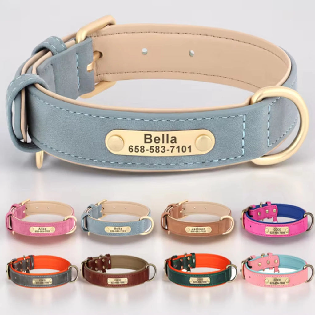 Personalized Dog Collar with Custom Engraved Nameplate, PU Leather Style in Blue, Gray, Pink or Brown for Dogs