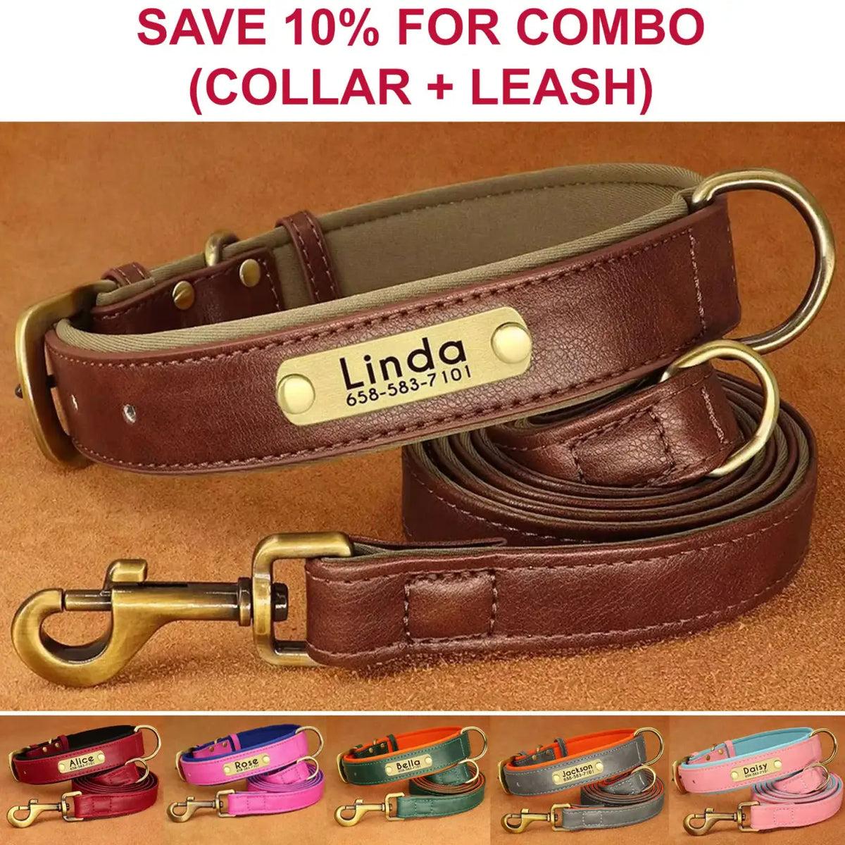 Personalized Dog Collar with Custom Engraved Nameplate, PU Leather Style in Blue, Gray, Pink or Brown for Dogs