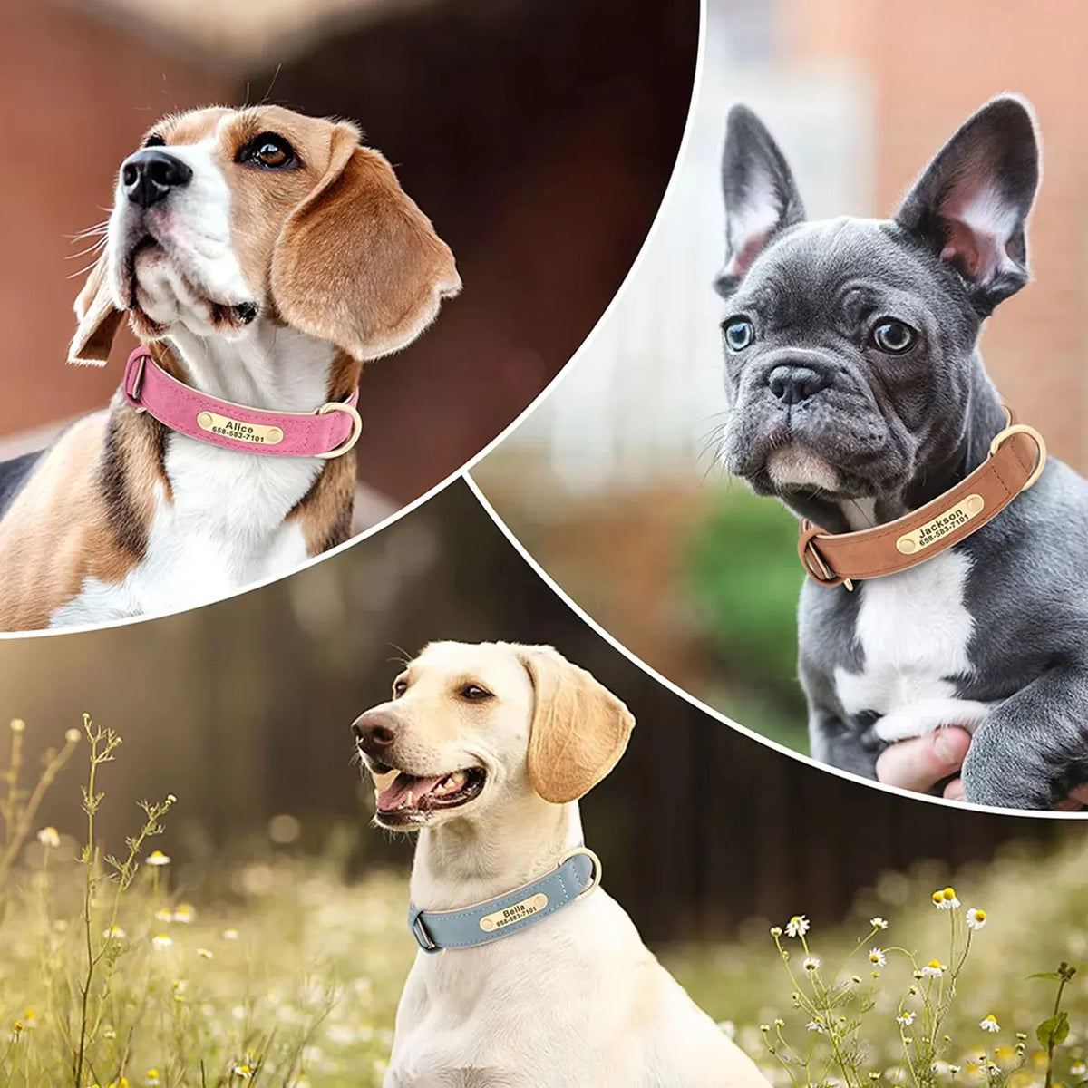 Personalized Dog Collar with Custom Engraved Nameplate, PU Leather Style in Blue, Gray, Pink or Brown for Dogs