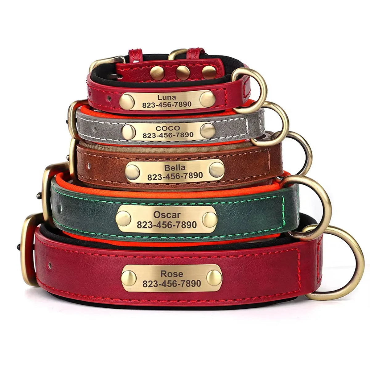 Personalized Dog Collar with Custom Engraved Nameplate, PU Leather Style in Blue, Gray, Pink or Brown for Dogs