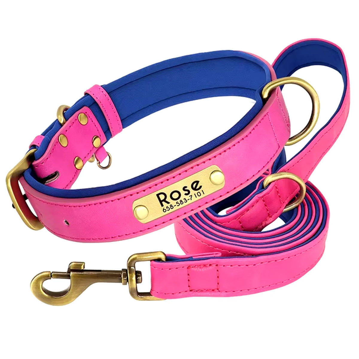 Personalized Dog Collar with Custom Engraved Nameplate, PU Leather Style in Blue, Gray, Pink or Brown for Dogs