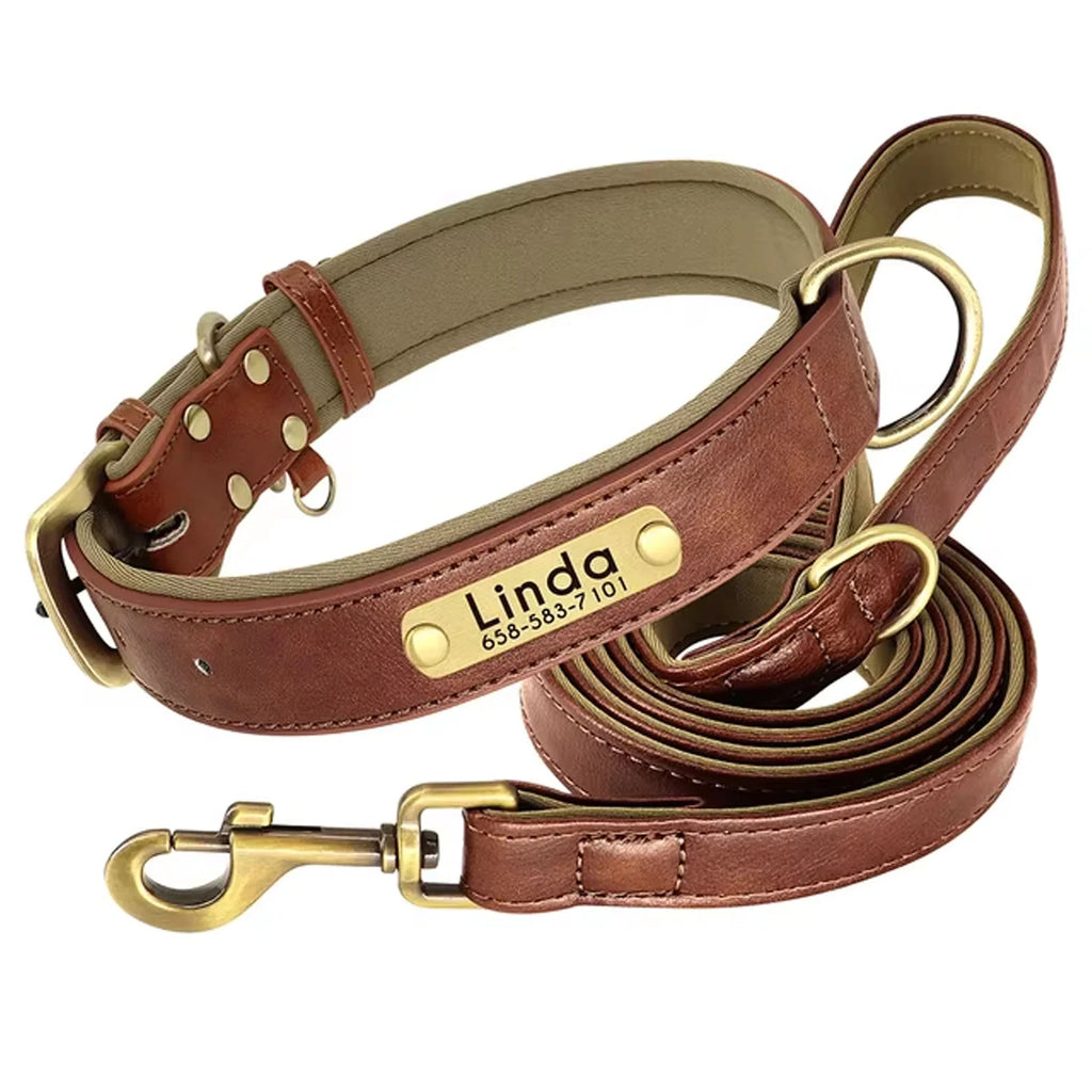 Personalized Dog Collar with Custom Engraved Nameplate, PU Leather Style in Blue, Gray, Pink or Brown for Dogs
