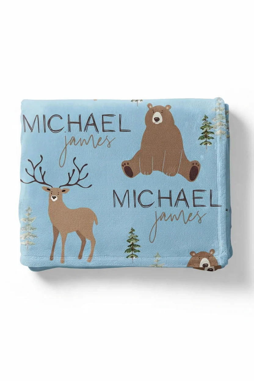 Personalized Forest Friends Kids Blanket with Bear and Deer Print, Soft 50 x 60 Inch Minky or Sherpa