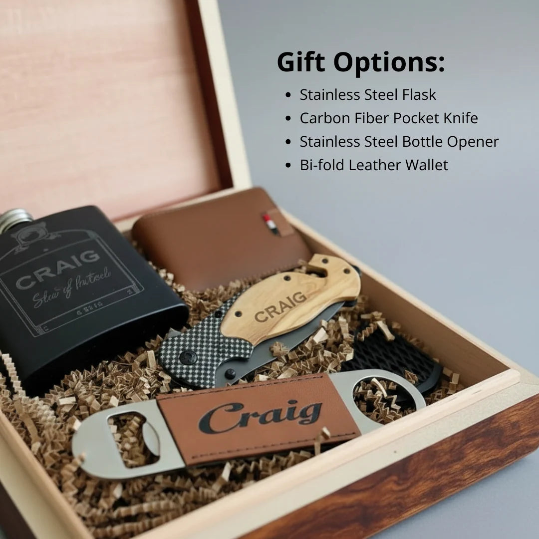 Personalized Groomsmen Gift Set with Engraved Wood Box, Selectable Flask, Wallet, Pocket Knife or Bottle Opener