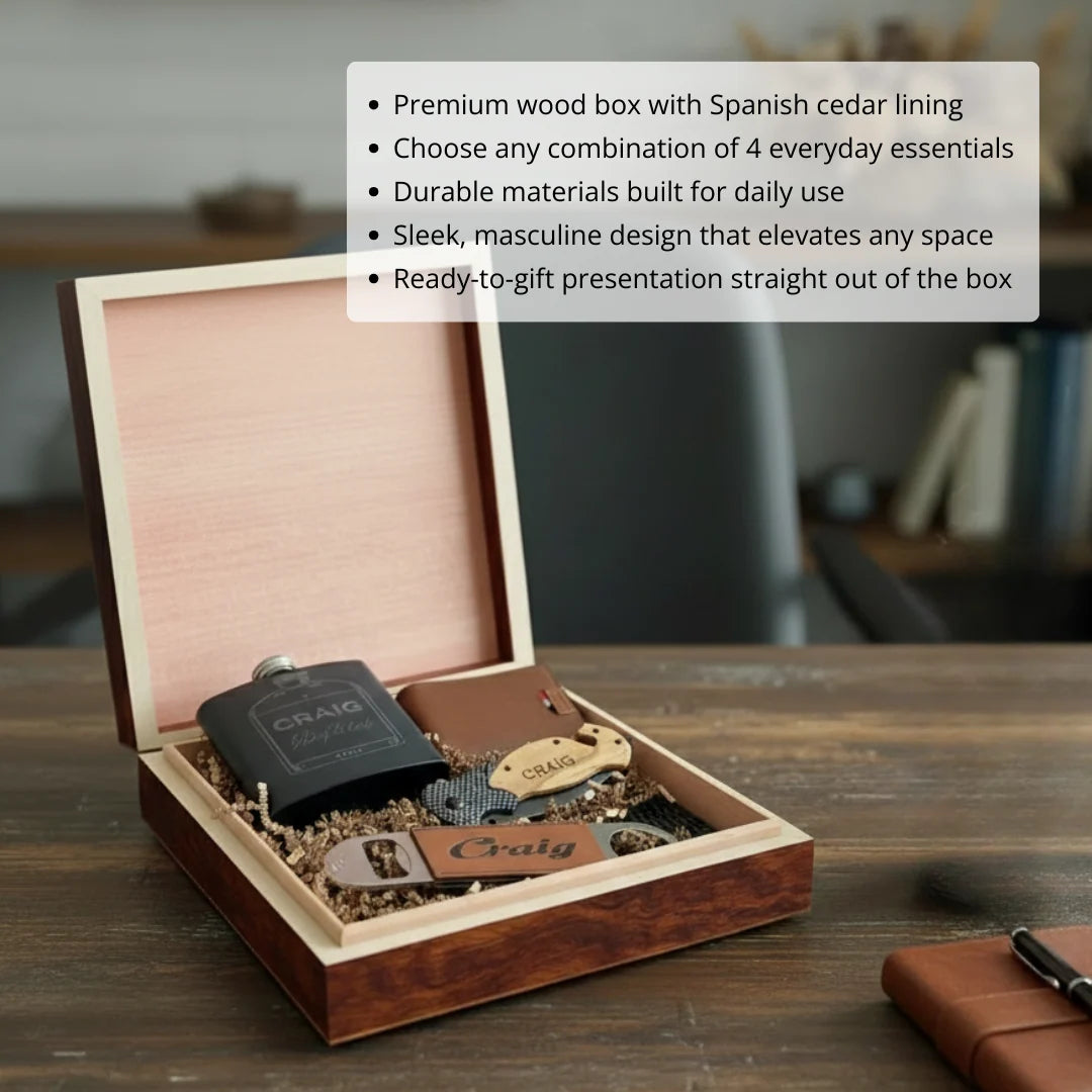 Personalized Groomsmen Gift Set with Engraved Wood Box, Selectable Flask, Wallet, Pocket Knife or Bottle Opener