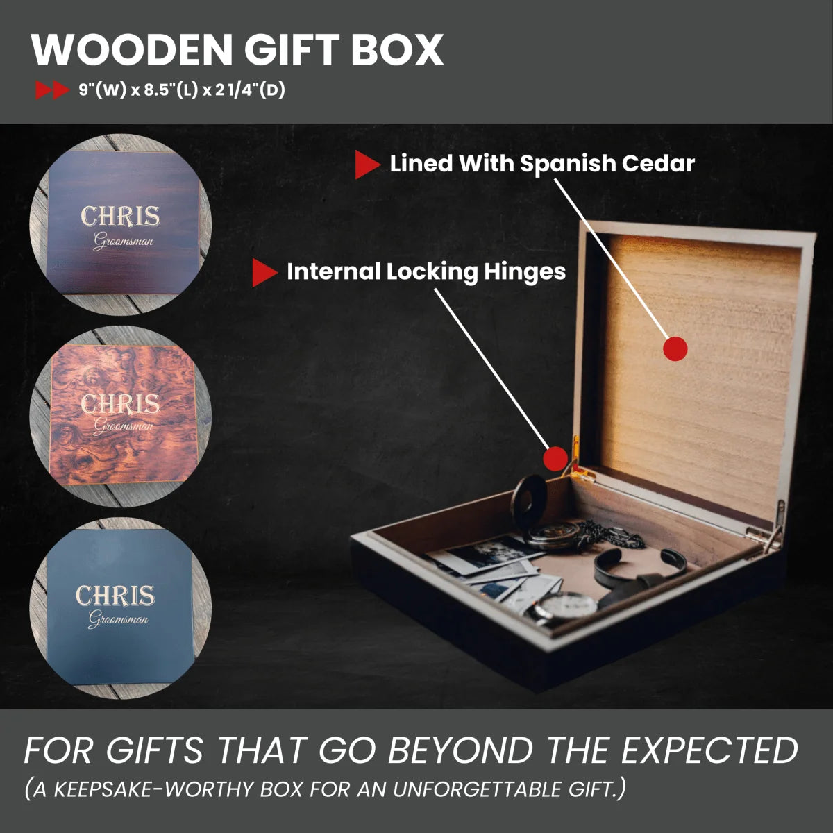 Personalized Groomsmen Gift Set with Engraved Wood Box, Selectable Flask, Wallet, Pocket Knife or Bottle Opener
